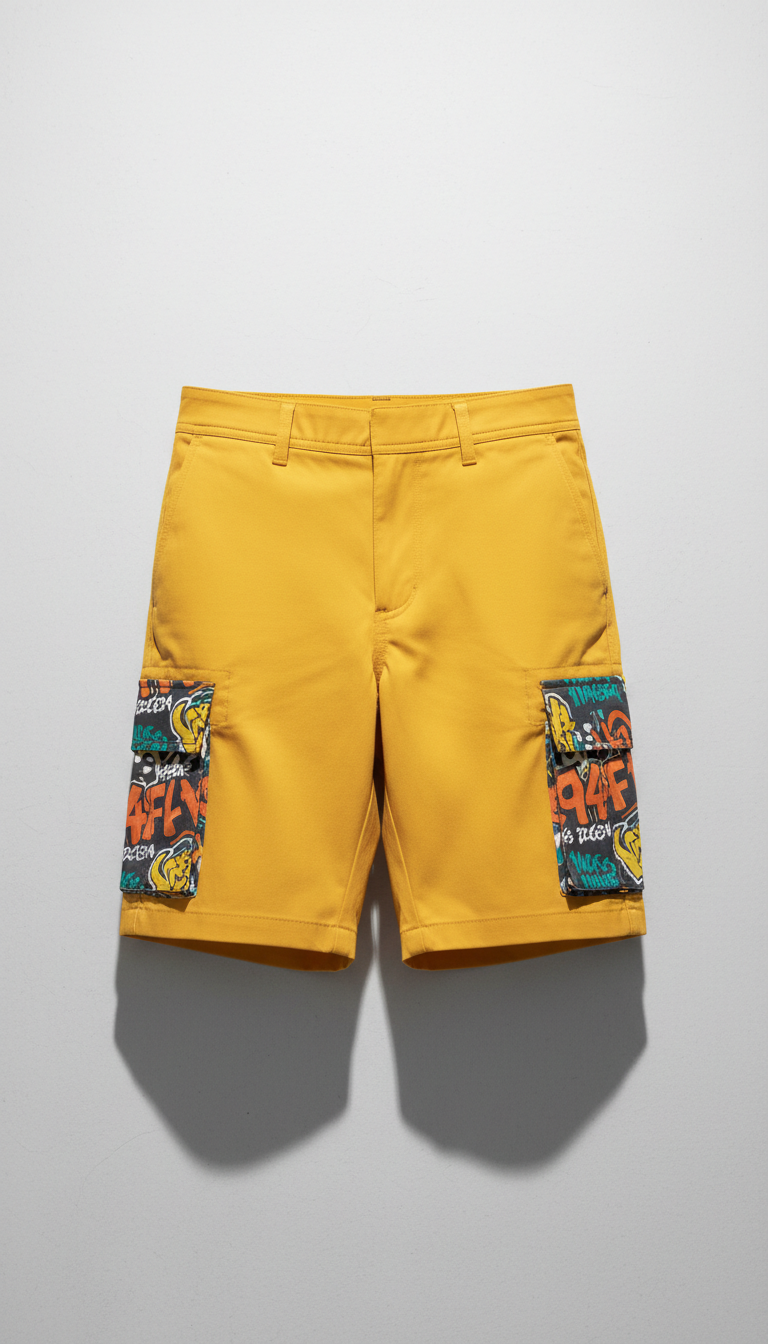 Metro Yellow Cargo Shorts with Graffiti Pocket